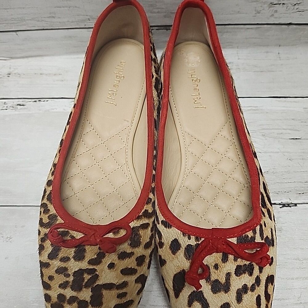 J. McLAUGHLIN Anastasia Leopard Calf Hair Ballet Flats Red Trim Sz 7.5 - Picture 7 of 12